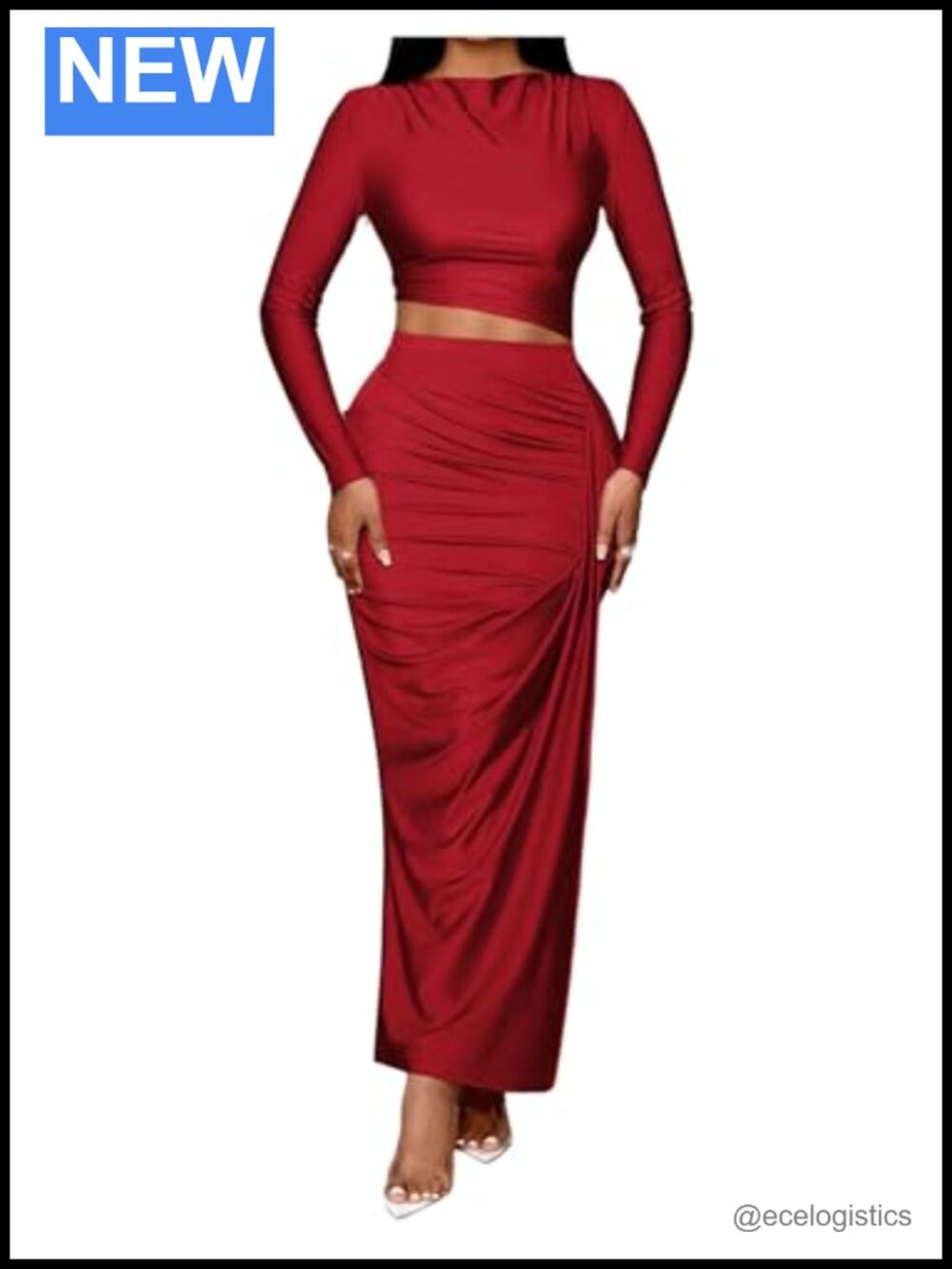 Ruched Long Sleeve Crop Top High Slit Bodycon Maxi Skirt Set